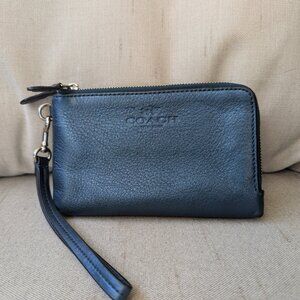 Coach Double Corner Zip Wristlet 6649 - Metallic Blue, Excellent Condition
